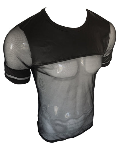 Black mesh short-sleeved vinyl and mesh tee with solid black panel across chest and shoulders in front view