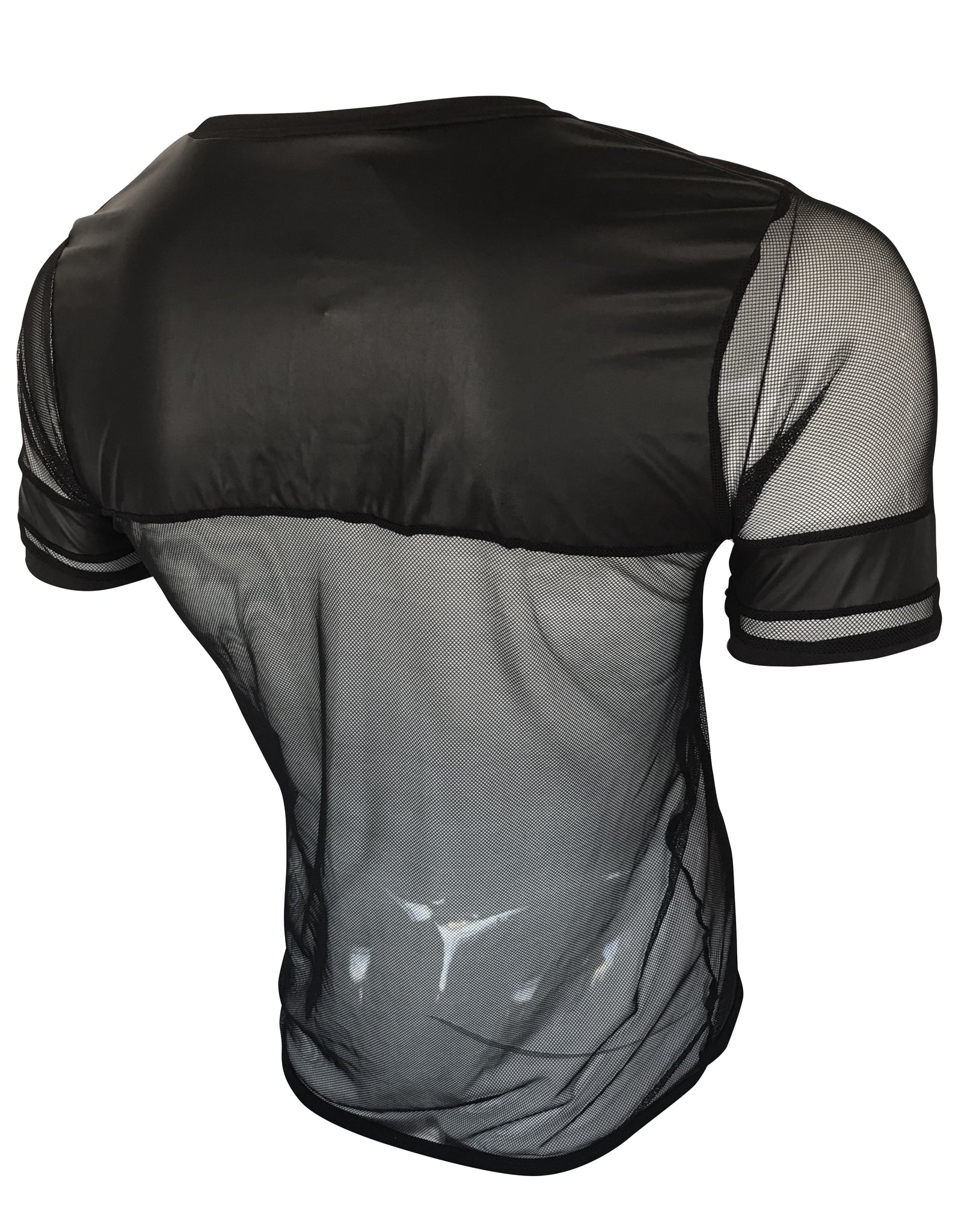 Black vinyl and mesh tee showing back with short sleeves and solid black panel across mesh shoulders and upper back