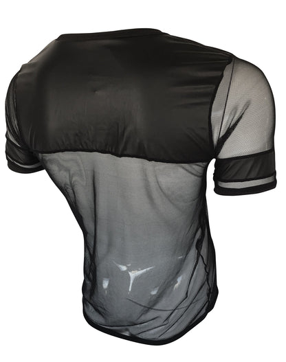 Black vinyl and mesh tee showing back with short sleeves and solid black panel across mesh shoulders and upper back