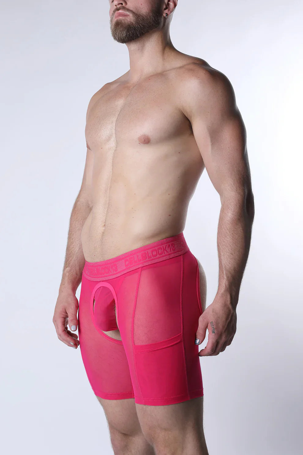 Bright pink void chap short boxer briefs with sheer mesh fabric and solid waistband for breathable comfort