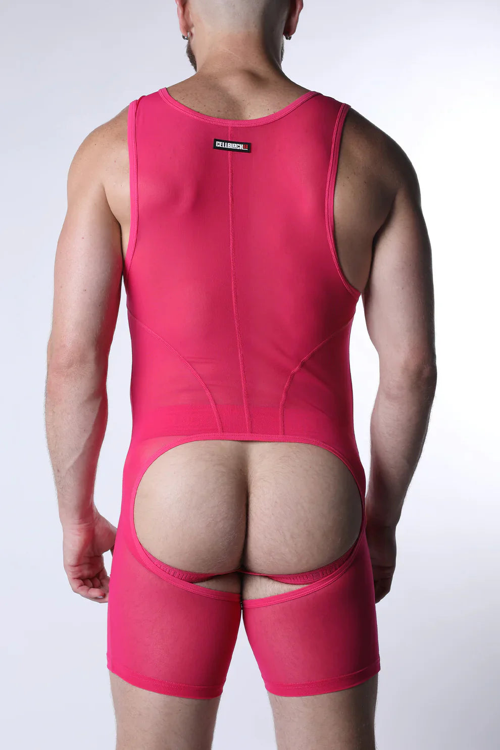 Back view of void mesh body suit in bright pink sheer mesh with a distinctive rear cutout design