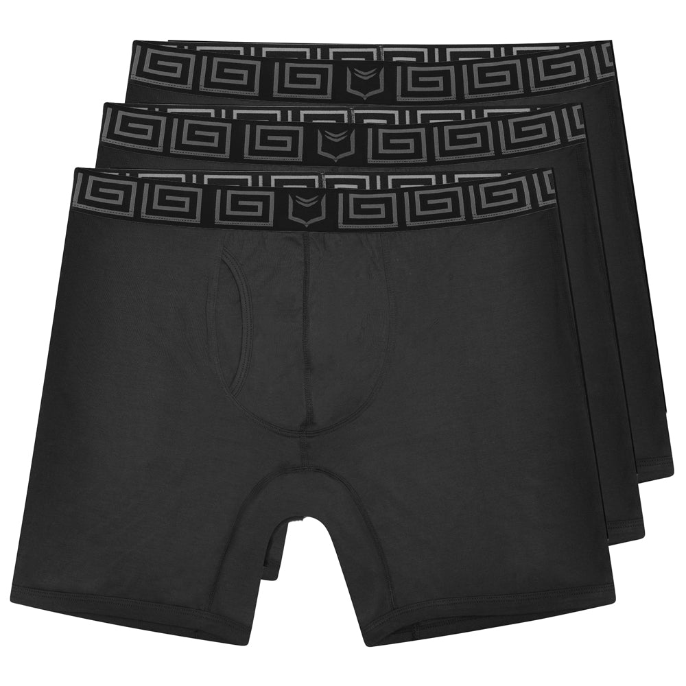 Black sheath v bamboo men’s 8 inch performance boxer briefs with geometric patterned waistband and dual pouch
