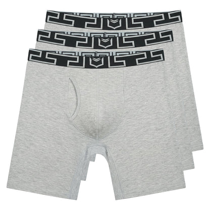 Gray heathered bamboo men’s sheath v performance boxer briefs with black and white geometric waistband in 3 pack