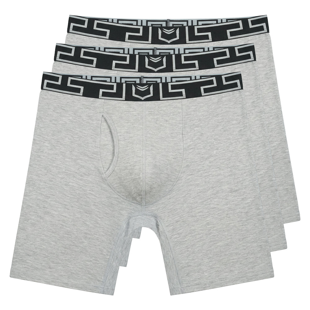 Gray heathered bamboo sheath v men’s 8 inch performance boxer briefs with black and white geometric waistband