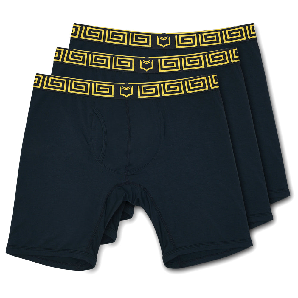 Set of three navy blue sheath v men’s 8-inch sports performance boxer briefs with gold Greek key pattern and logo trim
