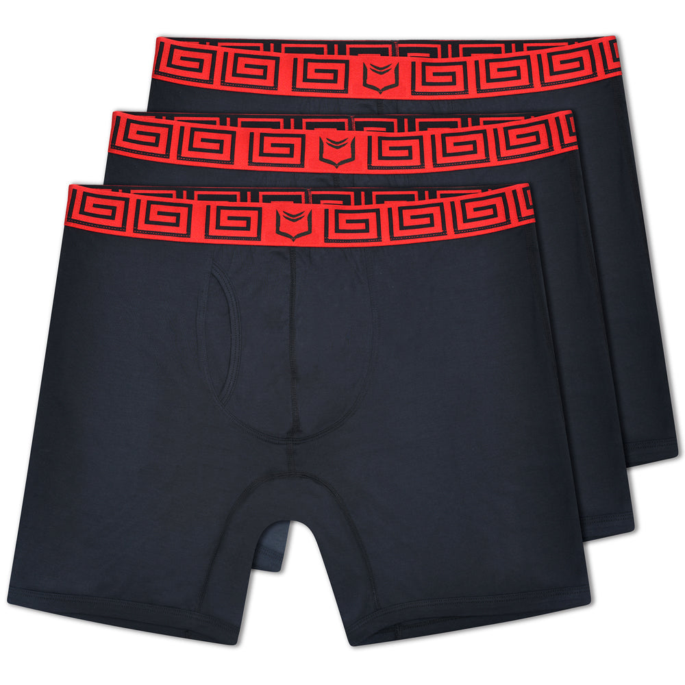 Black sheath v men’s 8-inch sports performance boxer briefs with bold red greek key waistband and small black logo