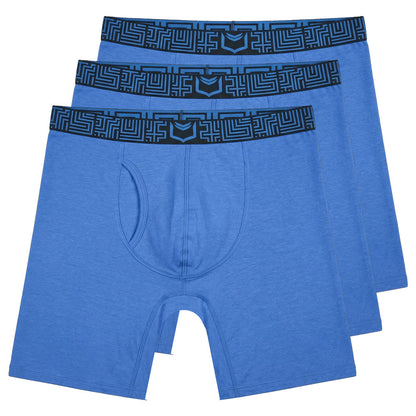 Blue heathered sheath v men’s 8-inch sports performance boxer briefs with black geometric maze waistband and central logo