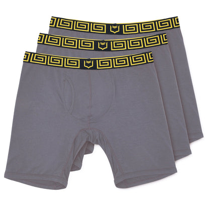 Gray sheath v men’s 8-inch sports performance boxer briefs with black and yellow greek key waistband in 3-pack bundle