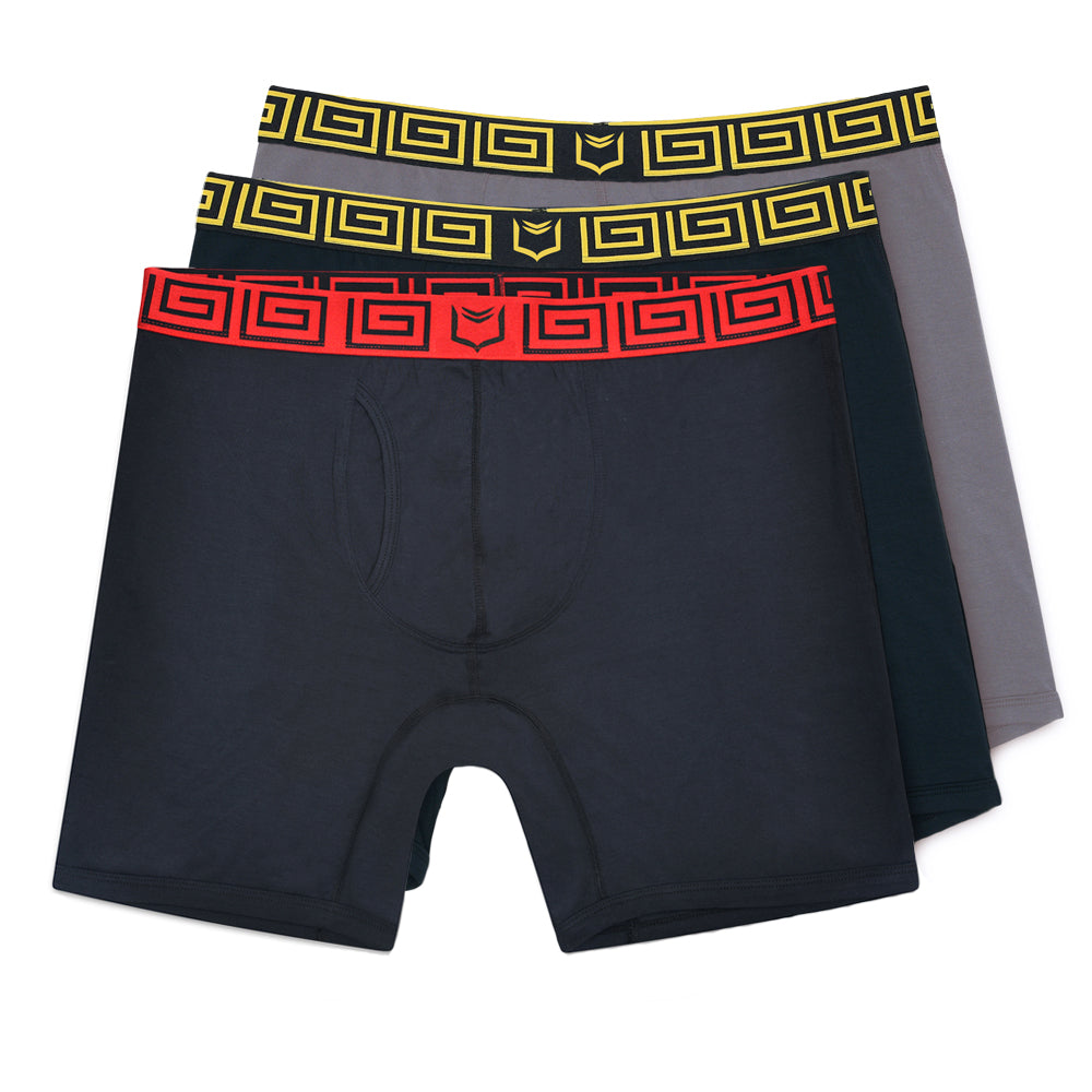 Set of three sheath v men’s 8-inch sports performance boxer briefs in black gray and navy with bold geometric elastic bands