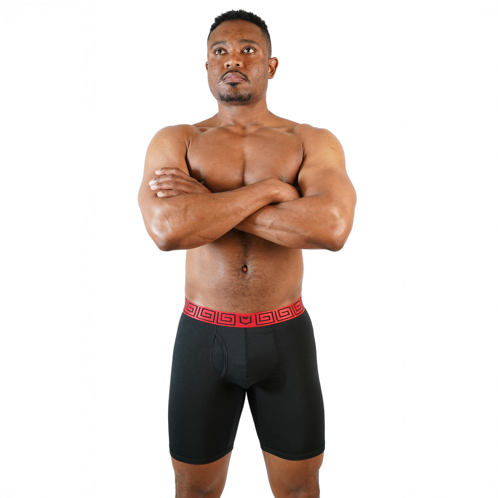 Black sheath v men’s 8-inch sports performance boxer brief with red geometric waistband in a 3-pack bundle
