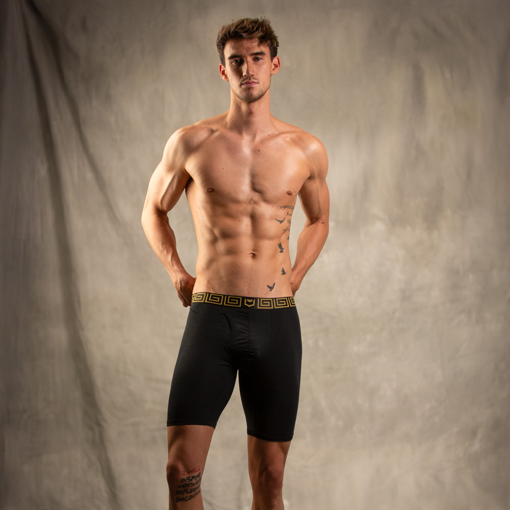 Black sheath v men’s 8-inch sports performance boxer brief with gold greek key waistband in a 3-pack bundle
