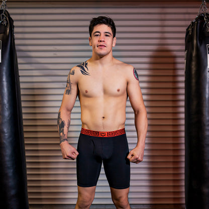 Black athletic briefs with red greek key patterned waistband sheath v men’s 8-inch sports performance boxer brief bundle