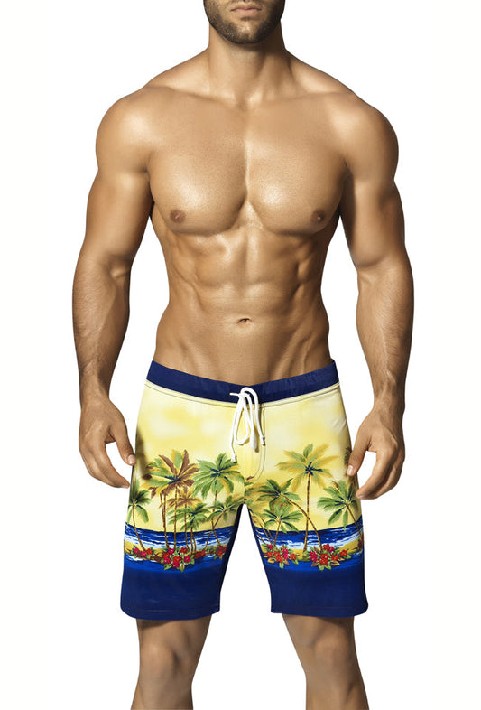 Vuthy palm tree boardshorts beachwear blue yellow medium with vibrant tropical print swim trunks and palm tree sides