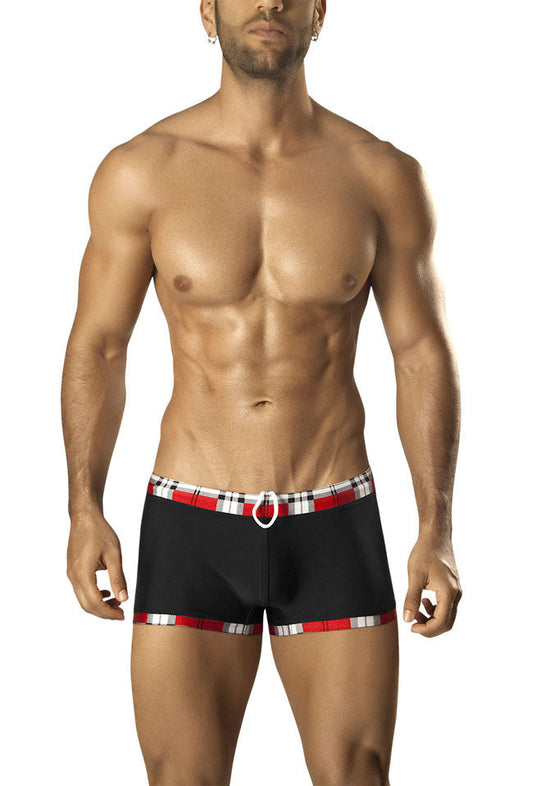 Black vuthy swim trunks with red and white plaid waistband trim and white circular belt loop size xl