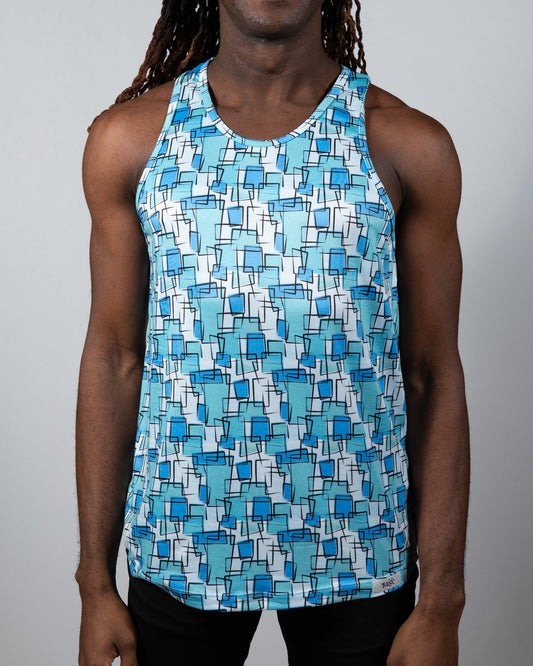 A men’s tank top with a vibrant blue geometric wallpaper print on a white background for casual wear