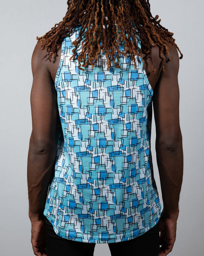 A blue and white geometric patterned wallpaper print tank sleeveless top ideal for casual summer wear