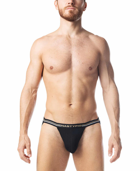 Black nastypig warm up jockstrap briefs with white striped trim designed for comfortable support and style