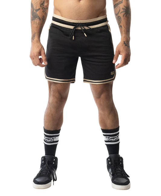 Black warm up rugby shorts with beige trim and drawstring waistband for athletic use