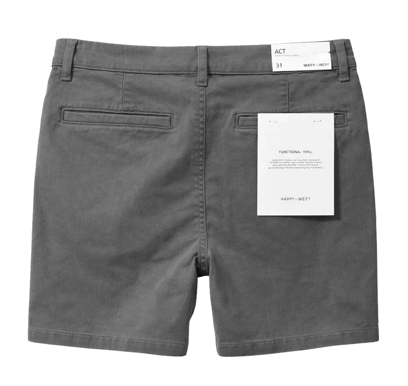 Back view of grey Warp + Weft Act chino shorts with two welt pockets and tags attached.