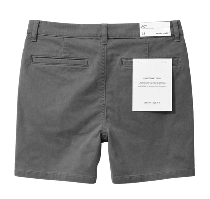 Back view of grey Warp + Weft Act chino shorts with two welt pockets and tags attached.