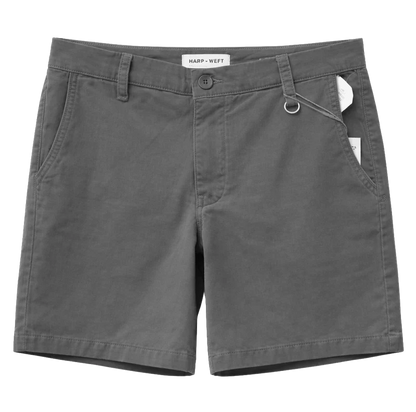 Front view of dark grey Warp + Weft Act Chino Shorts, featuring belt loops, front pockets, and a metal D-ring.