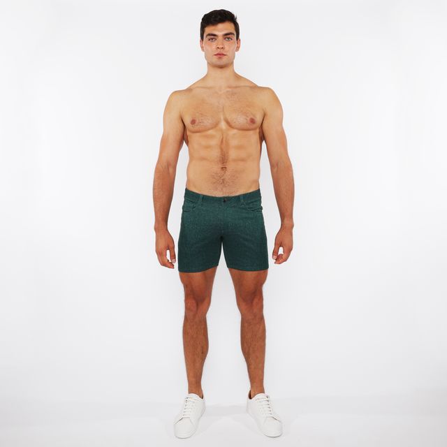 Dark green slim-fit washed denim stretch knit shorts with a classic five-pocket design