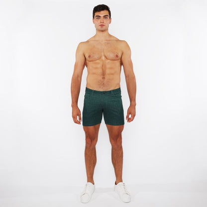 Dark green slim-fit washed denim stretch knit shorts with a classic five-pocket design