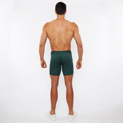 Dark green washed denim stretch knit shorts with textured fabric and fitted cut for casual wear