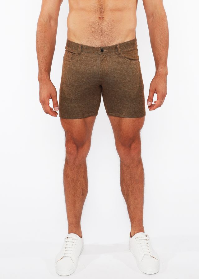 Brown washed denim stretch knit shorts with textured heathered pattern and classic five-pocket design