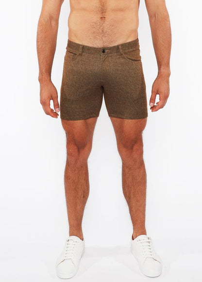 Brown washed denim stretch knit shorts with textured heathered pattern and classic five-pocket design
