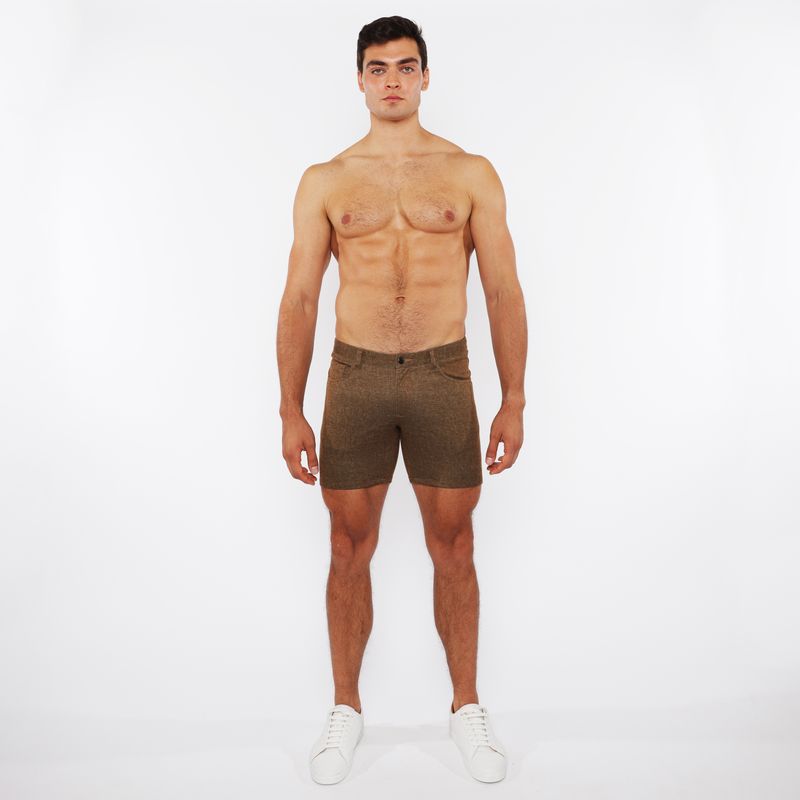 Olive green washed denim stretch knit shorts with textured fabric perfect for casual wear