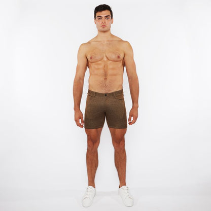 Olive green washed denim stretch knit shorts with textured fabric perfect for casual wear