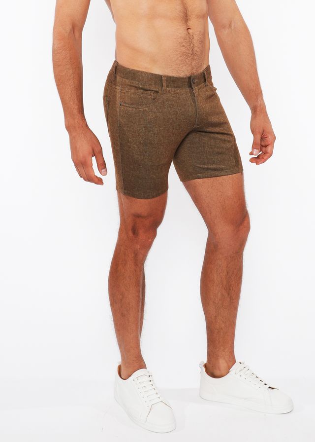 Brown textured washed denim stretch knit shorts with subtle pattern and classic design for casual wear