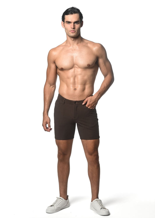 Dark brown slim-fit washed denim stretch knit shorts with classic five-pocket design and button closure