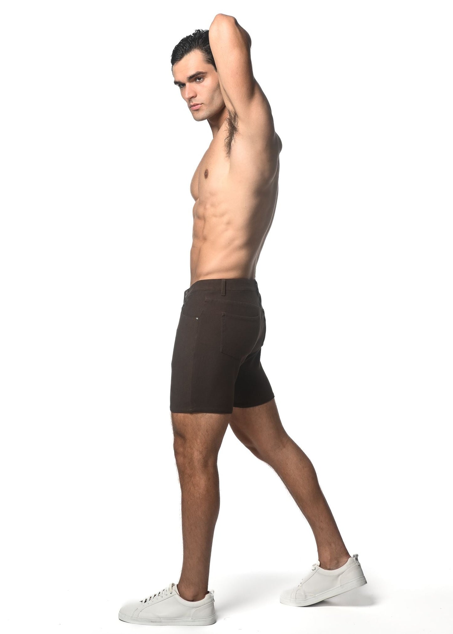 Dark brown tailored washed denim stretch knit shorts with a sleek modern design for comfortable wear