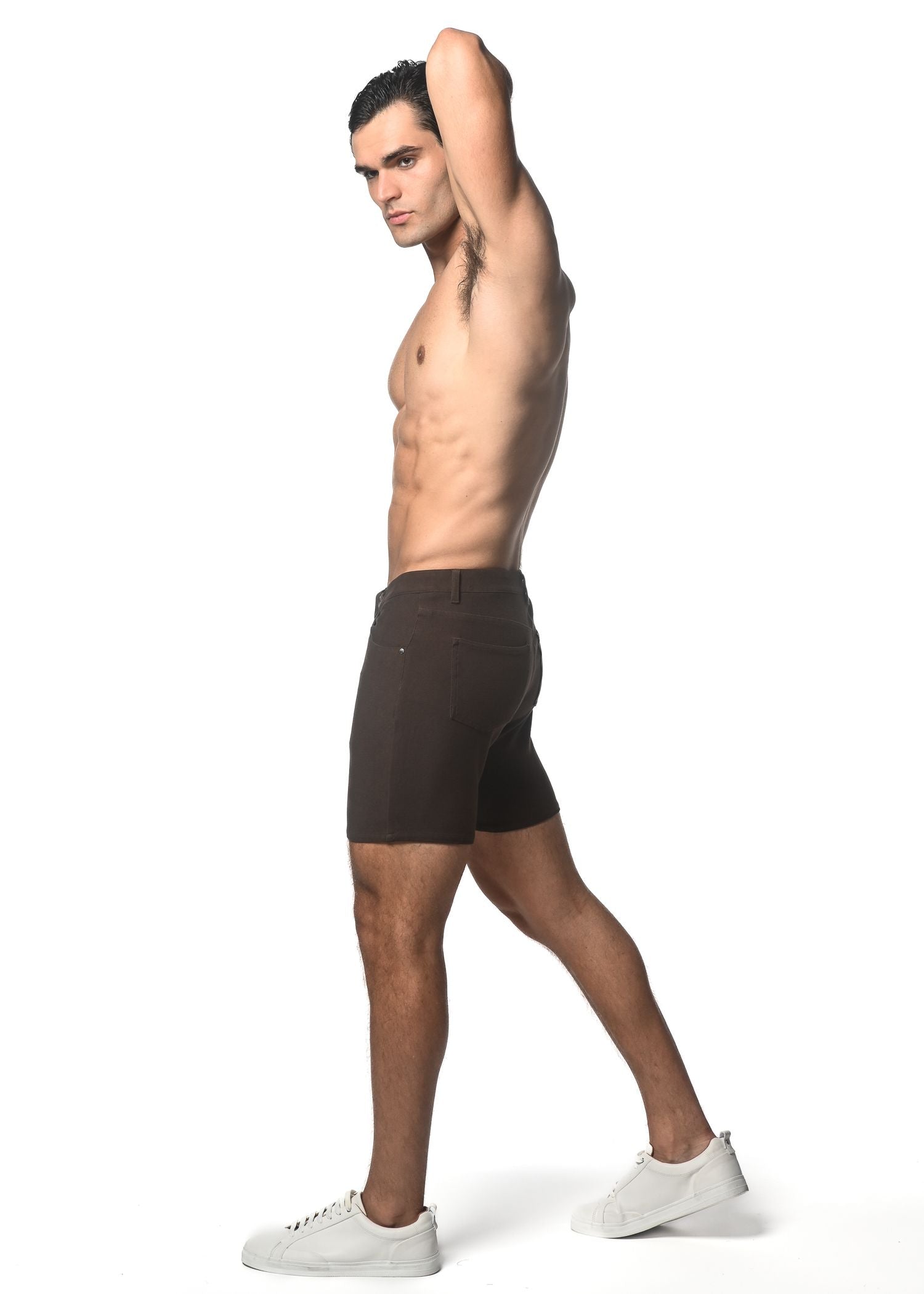 Dark brown tailored washed denim stretch knit shorts with a sleek modern design for comfortable wear