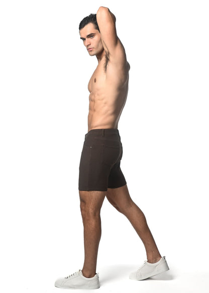 Dark brown tailored washed denim stretch knit shorts with a sleek modern design for comfortable wear