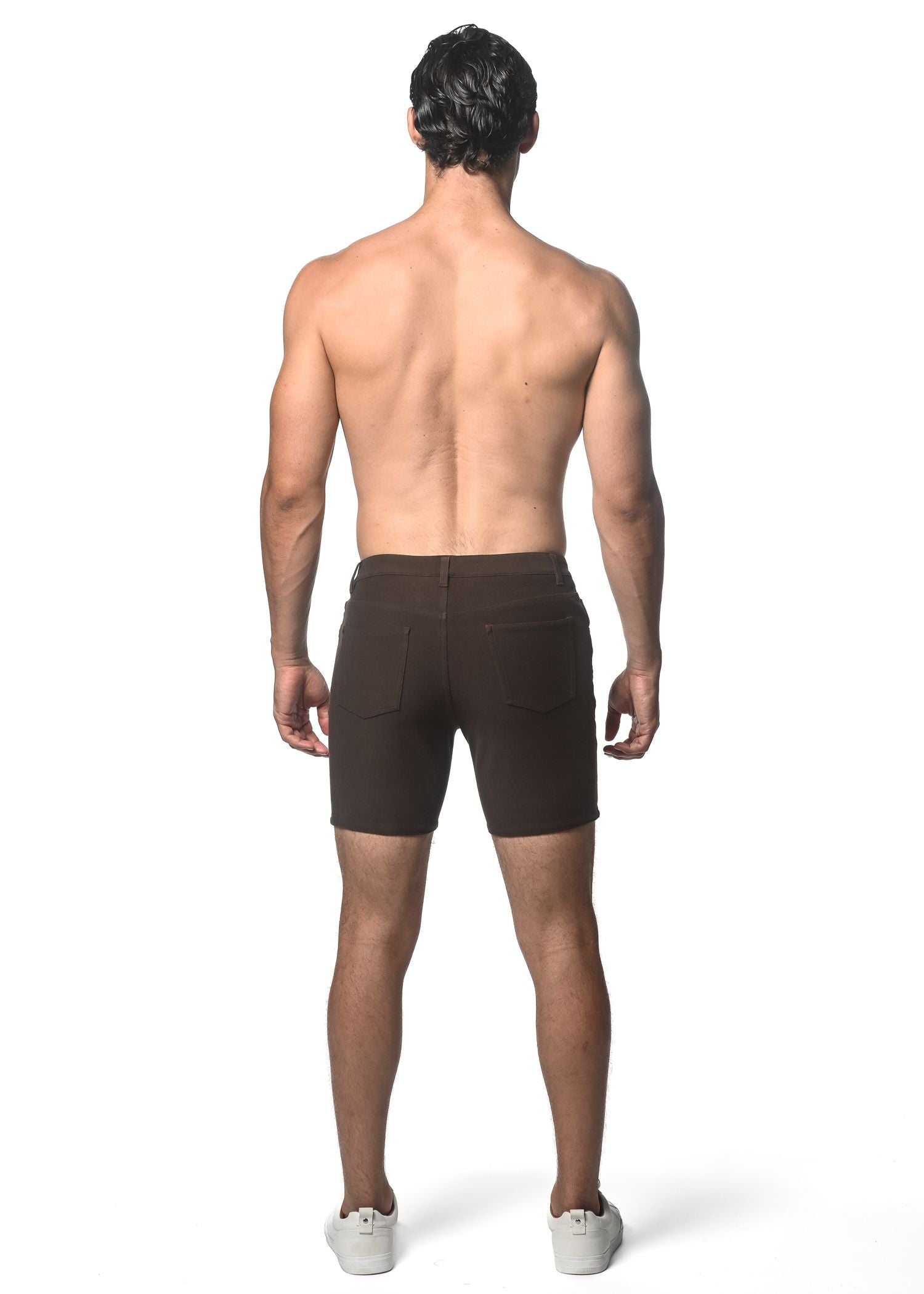 Dark brown washed denim stretch knit shorts with a classic five-pocket design and belt loops