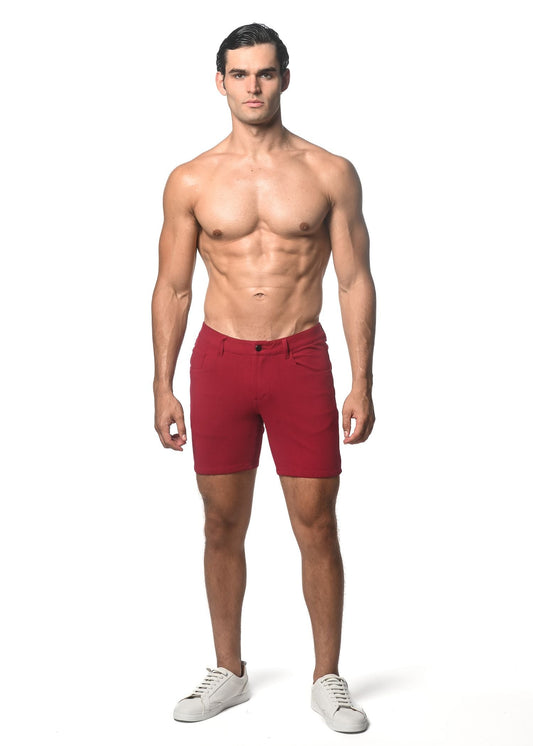 Red washed denim stretch knit shorts for men with classic fit and button closure