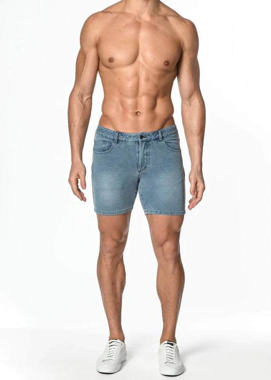 Light-wash denim stretch knit shorts with classic five-pocket design and belt loops for casual wear