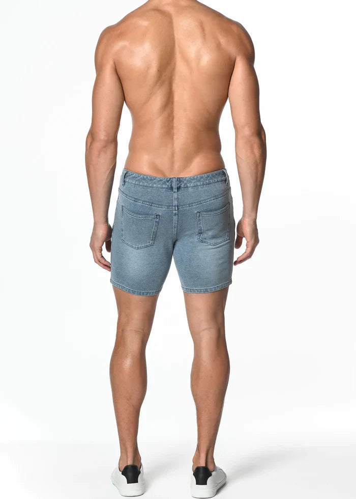 Light-wash denim stretch knit shorts with classic five-pocket design and frayed hem for casual wear