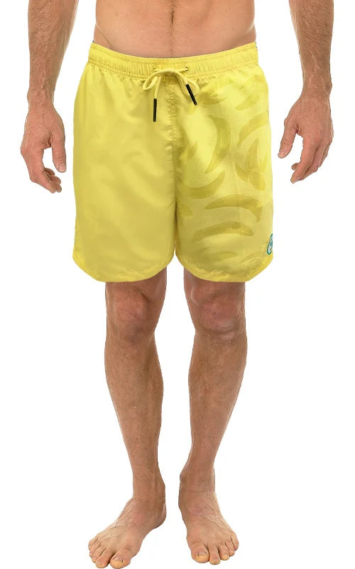 Bright yellow water activated swim shorts with subtle camouflage pattern and black drawstring for water activities