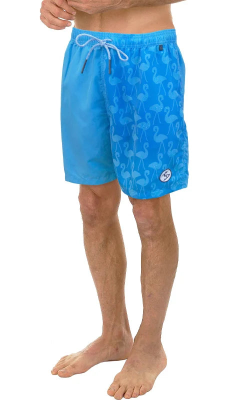 Bright blue water activated swim short with subtle flamingo pattern and white drawstring for beachwear