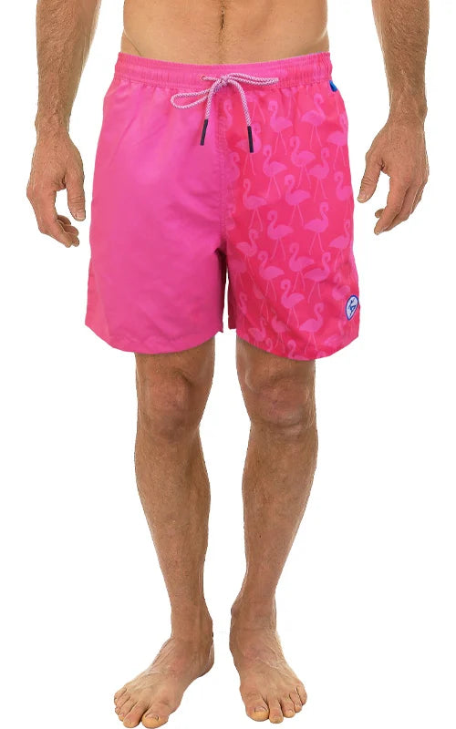 Bright pink water activated swim shorts with subtle flamingo pattern and matching drawstring for beachwear