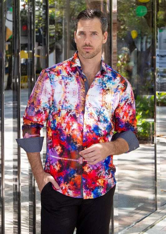Vibrant multicolored watercolor art print men’s long sleeve button-down shirt with rolled sleeves and dark gray cuffs