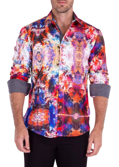 Men’s watercolor art print long sleeve shirt with vibrant red blue purple abstract pattern on textured fabric and gray cuffs