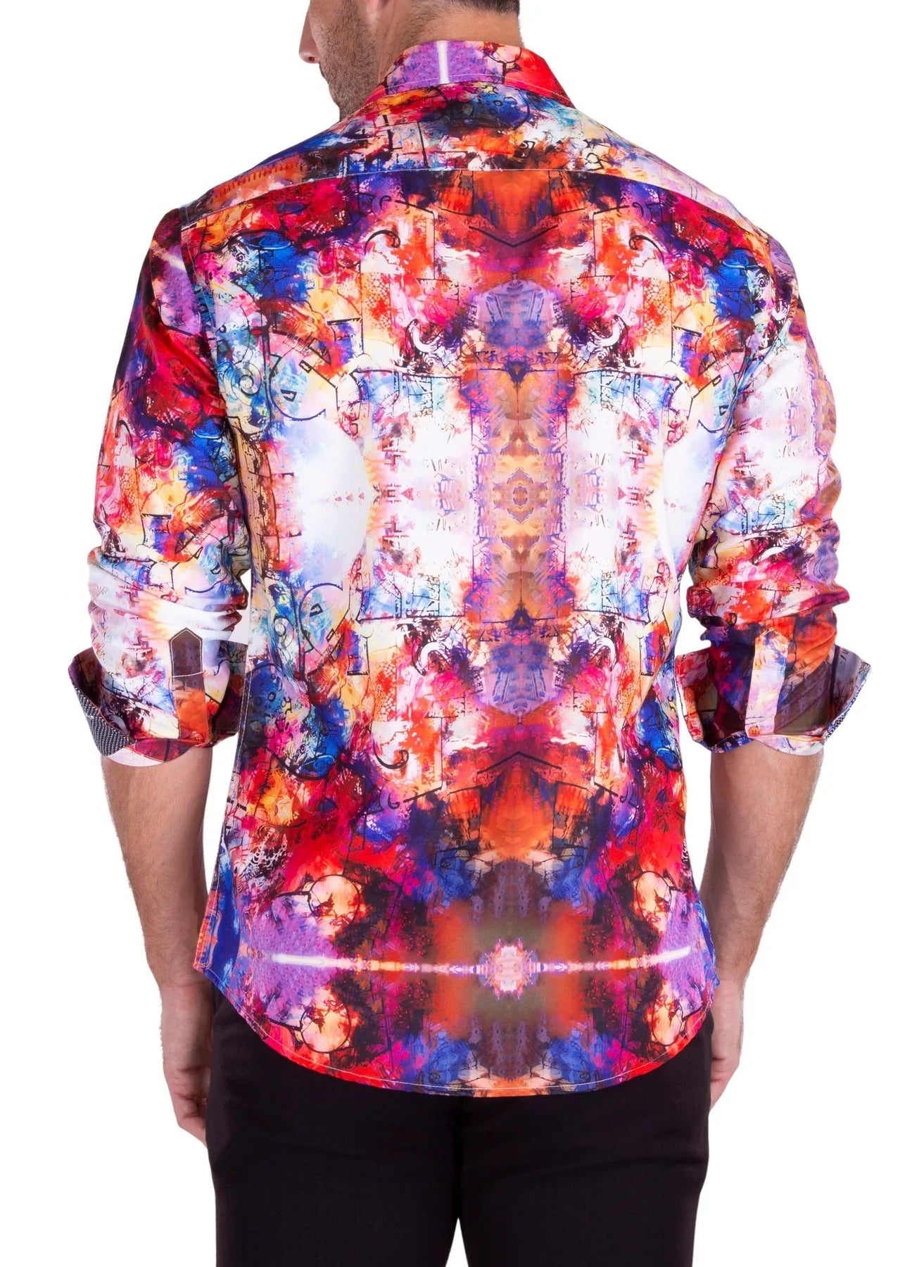 Vibrant watercolor art print l s shirt with bold abstract reds blues purples and oranges in kaleidoscopic design