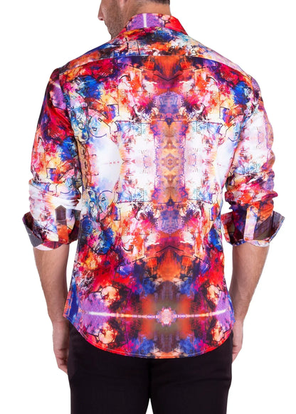 Vibrant watercolor art print l s shirt with bold abstract reds blues purples and oranges in kaleidoscopic design