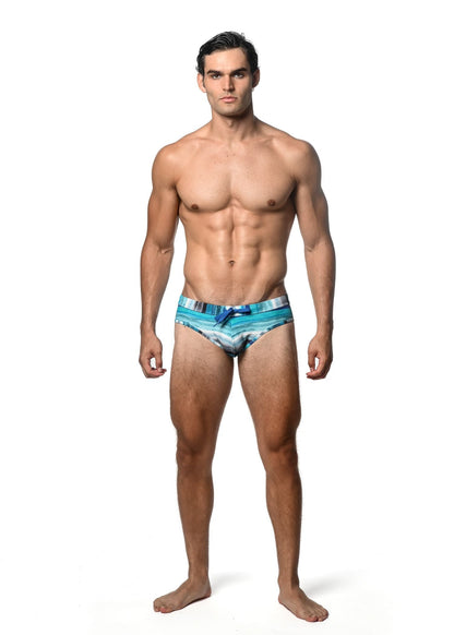 Men’s watercolor stripe printed swim brief in blue and white with tie-side closure for swimming and beachwear