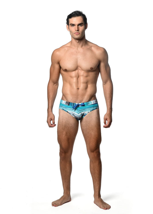 Men’s watercolor stripe printed swim brief in blue and white with tie-side closure for swimming and beachwear